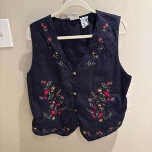 Bonnie Brooks Womens Navy Floral Embroidered Vest Size L 12 14 Button Front